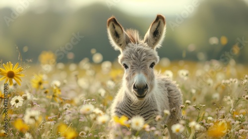  A baby donkey among daisies and wildflowers, background softly blurred