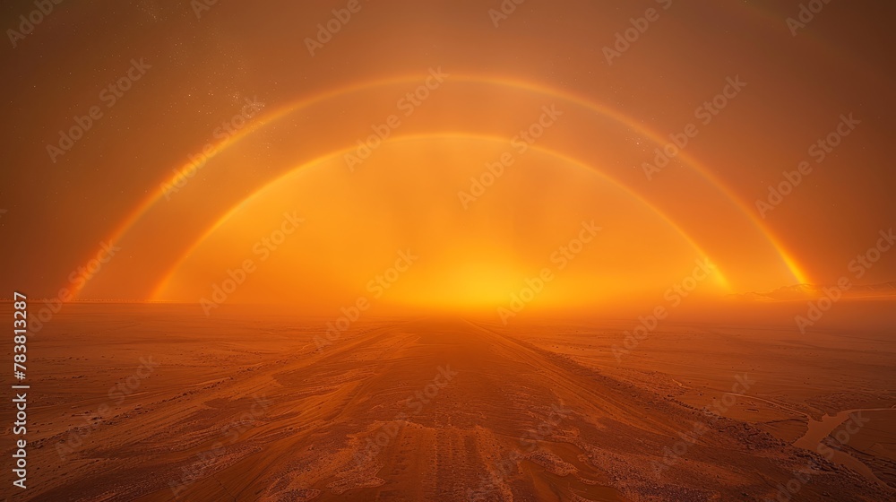 A few rainbows arc above a dirt road in a desert, contrasting the barren landscape's brown hue against their vibrant colors Snow covers the ground beneath A few rainbows arc above a dirt road in a desert, contrasting the barren landscape's brown hue against their vibrant colors Snow covers the ground beneath