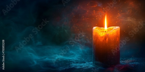 Glowing Candle Flame Surrounded by Midnight Blue Gradient with Ample Copy Space