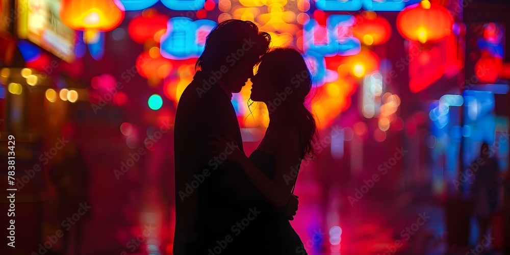 Embracing Silhouettes Framed by Neon Glow of a Modern Romance Embracing Silhouettes Framed by Neon Glow of a Modern Romance