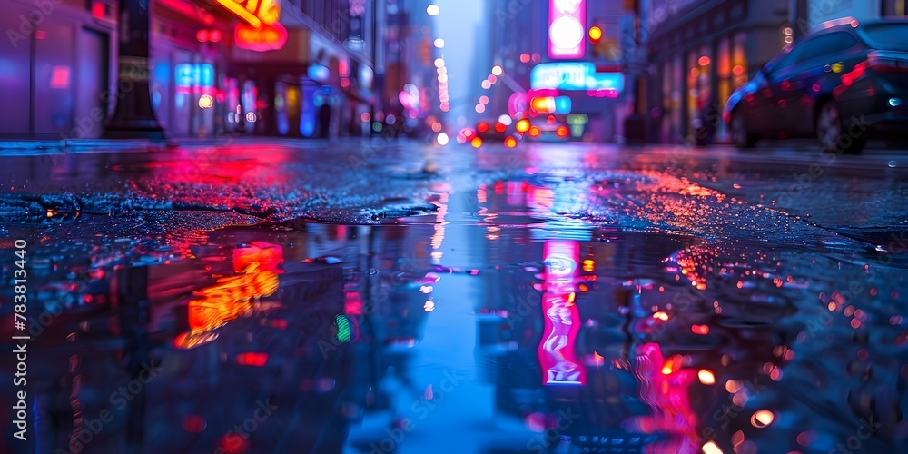 The Surreal Reflection of Neon Lights on a Puddle Transforming a Simple Street into a Captivating Cityscape Canvas
