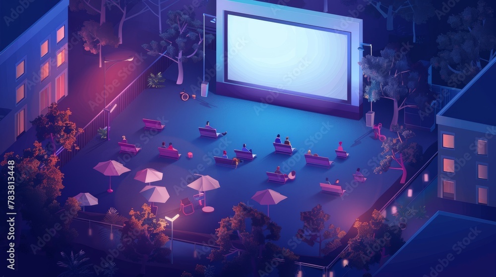 This is an outdoor cinema banner for a public park or backyard. Modern illustration of a summer lawn at night with people sitting and watching a film on a big screen.