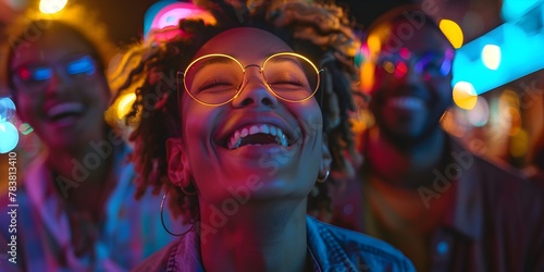 Radiant Under Neon City Lights as Friends Share Laughter and Joy During a Vibrant Nightlife Gathering