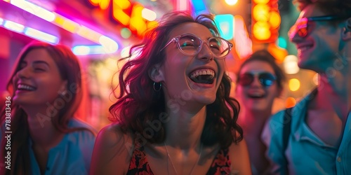Exuberant Friends Reveling Under the Neon Glow of a Bustling City Nightlife Sharing Moments of Pure Joy and Laughter