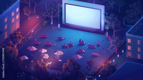 This is an outdoor cinema banner for a public park or backyard. Modern illustration of a summer lawn at night with people sitting and watching a film on a big screen.