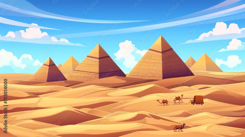 An Egyptian pyramid scene with camels on sand dunes. Parallax background with scrolling animation. Modern cartoon illustration of Egyptian pyramids with caravans.