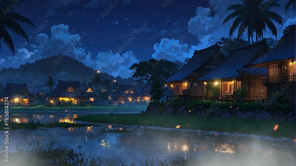 Rustic River Sanctuary: Anime Nighttime Ambiance with Wooden House in 4k Loop Rustic River Sanctuary: Anime Nighttime Ambiance with Wooden House in 4k Loop