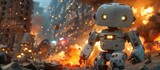 Futuristic Mech Battle Raging in War Torn Cityscape with Explosions Lighting Up Night Sky