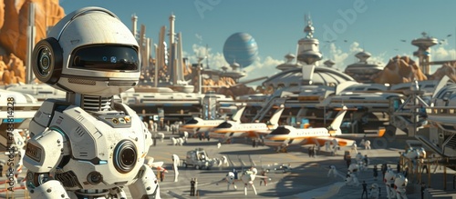 Futuristic Spaceport on a Distant Alien Planet with Sleek Spacecraft and Bustling Terminals in a Sci Fi Digital Rendering