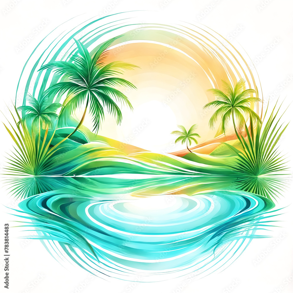 A beautiful tropical scene with a body of water, likely an ocean, surrounded by palm trees. The water appears to be blue, and the palm trees are lush and green.