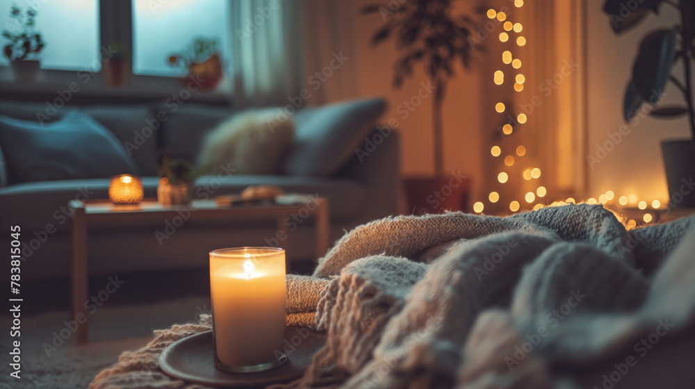Naklejka premium Cozy Hygge Lifestyle: Comfortable home interior with soft blankets and warm lighting