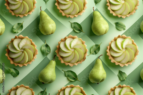 Green pear pattern with leaves and slice of pie on green background, fruit and dessert concept design photo