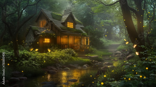 Cozy Cabin Nestled Amongst Lush Greenery and Fireflies, Enchanting Forest Retreat