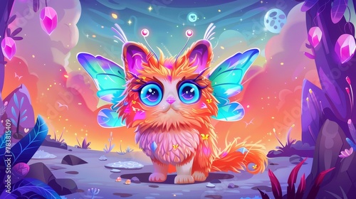 A cute monster cat seated on an alien or fantasy planet landscape. Cartoon funny fluffy character with antennae and fairy wings. Halloween animal with big eyes, strange creature. Cartoon illustration