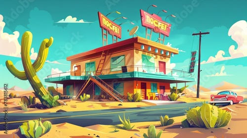 Cartoon illustration of an old motel with a cafe and parking in the desert. Modern illustration of a desert landscape with a small hotel building with a stairwell, a diner, a billboard, and a road