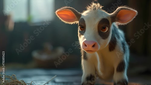 young black and white calf. Newborn baby cow. Created with generative AI.	 photo