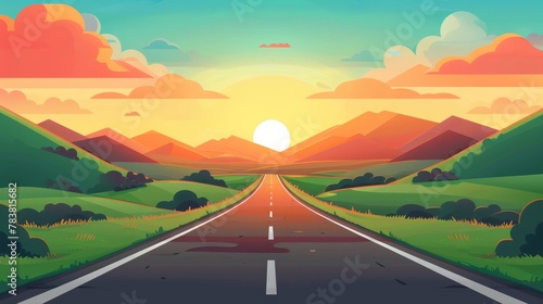 An empty asphalted highway goes along green fields at sunset. Summer nature landscape with the sun behind the hills, orange sky with red fluffy clouds, Cartoon modern illustration of an empty