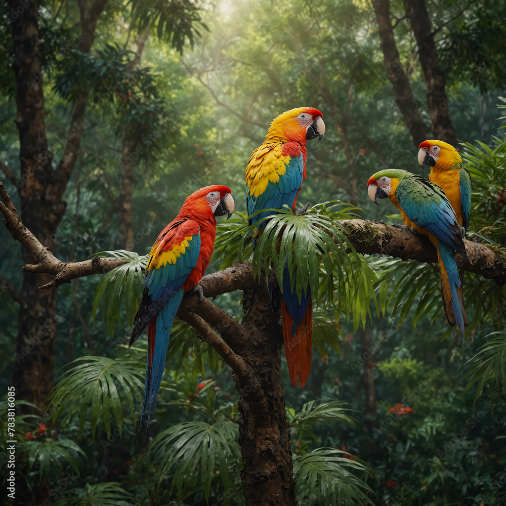 Tropical Forest Animals. Colorful Parrot Birds. 