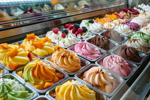 Vibrant scoops of traditional Italian gelato in assorted fruit flavors showcased in a glass display case for summertime