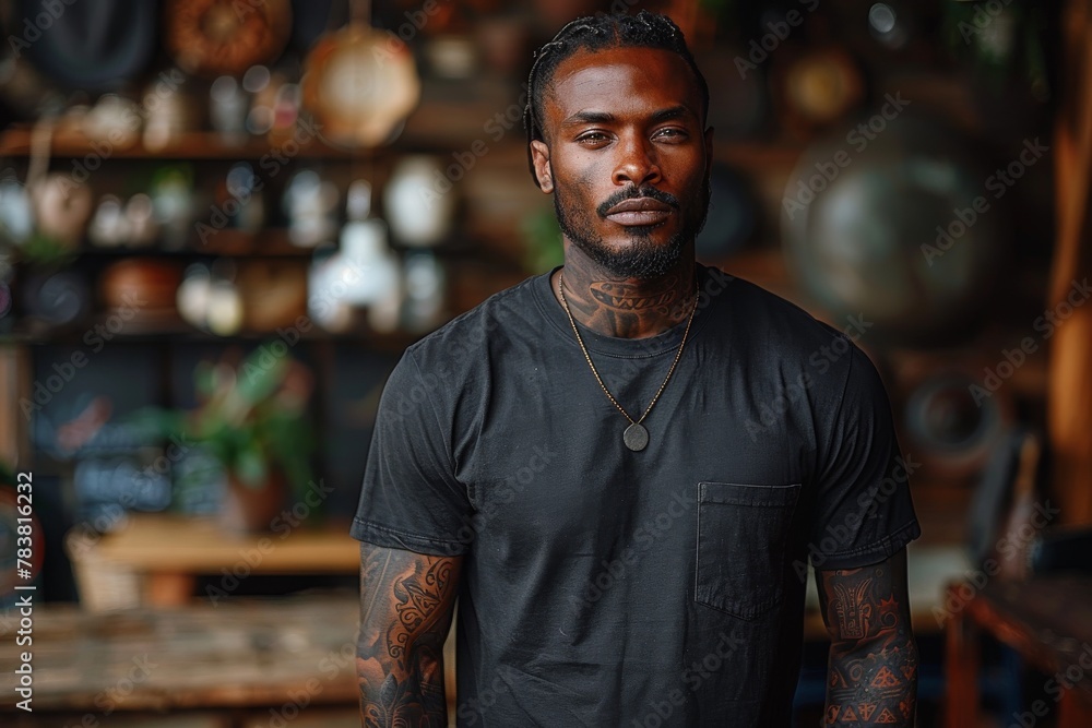Portrait of a heavily tattooed man with a contemplative gaze, suggesting depth and personal story Portrait of a heavily tattooed man with a contemplative gaze, suggesting depth and personal story