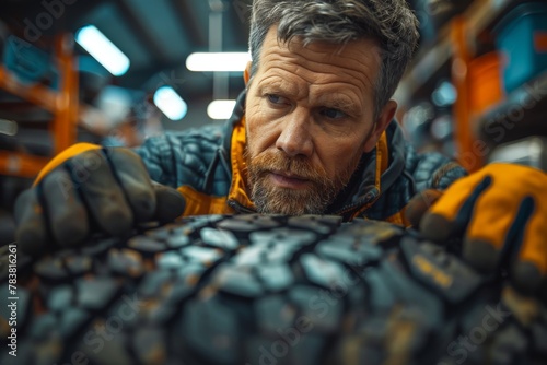 A focused mechanic in work attire closely examines tire tread, highlighting safety and attention to detail