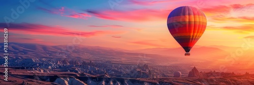A rainbow-hued hot air balloon floats gracefully over the undulating terrain of Cappadocia Turkey casting a dreamy silhouette against a vibrant morning sky