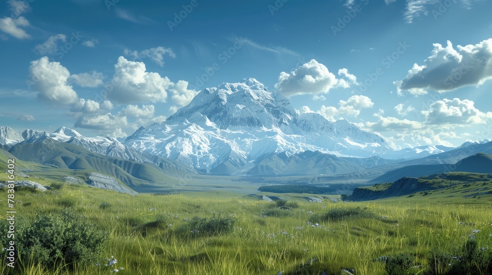 Majestic Snow Capped Mountain Peaks Overlooking Lush Green Valley in Scenic Wilderness Landscape