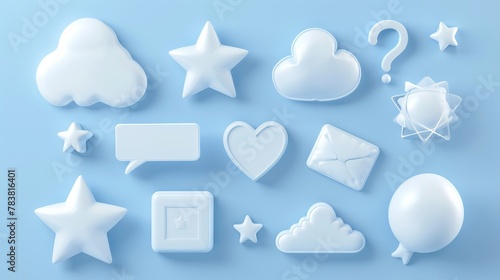 An illustration of a large 3D render of speech bubbles isolated on white background with white chat icons in the shapes of a cloud, heart, star, cube, baloon, square, round, rectangular. Bundle of