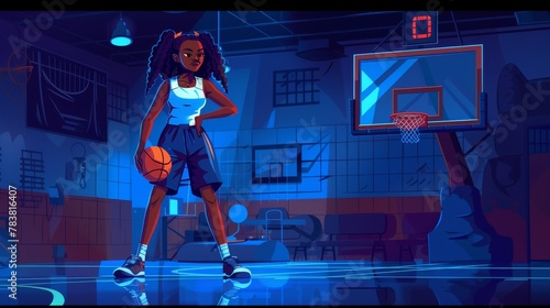 A female basketball player poses at night with the ball in hand and her arm akimbo in a dark gymnasium sports arena. Cartoon sportswoman character in a dark high school or college gym. Modern photo