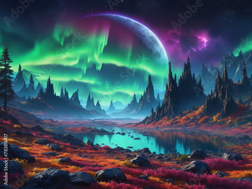 A beautiful landscape featuring a large body of water, a mountain range, and a colorful sky. The sky is filled with stars and a glowing aurora, which adds a unique element to the scene. © Aleksei Solovev