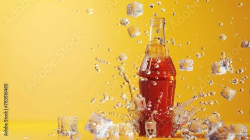 A 3D illustration of freshly brewed sparkling cola bursting out of a glass bottle adorned with ice blocks and frozen letters, isolated on a yellow background