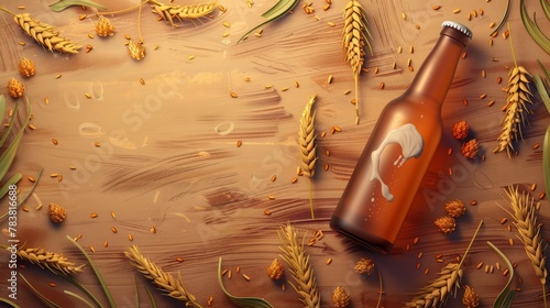 The glass bottle of wheat beer is flat laid on an engraving-style background with elements of wheat ears and hops photo