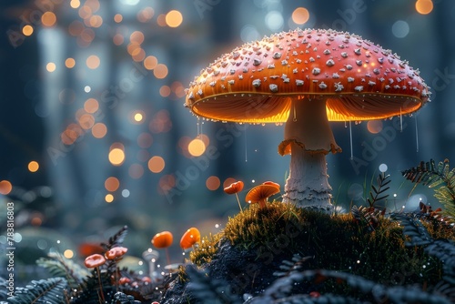 Enchanting visual of a glowing mushroom surrounded by a mystical forest and sparkling lights, evoking a fairytale ambiance