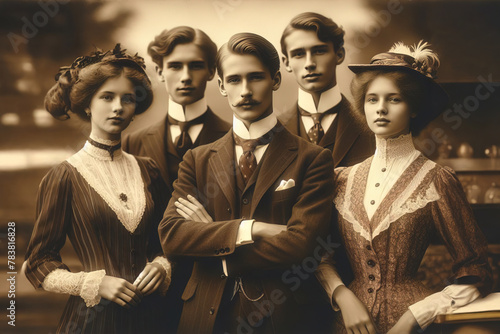 The portrait of young men and women in elegant attire in the style of late 19th-century photography photo