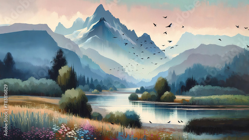 A picturesque landscape with trees and flowers by the river against the backdrop of mountains in computer graphics style photo