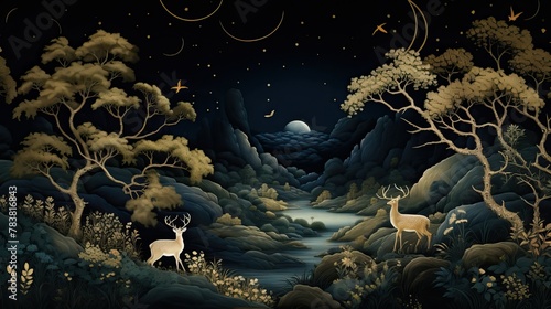 A painting showcasing two deer in a dark forest at night, surrounded by trees and under the moonlight. Generative AI
