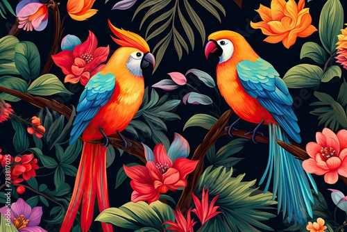 A painting of two parrots perched on a branch surrounded by colorful flowers in a forest setting. Generative AI