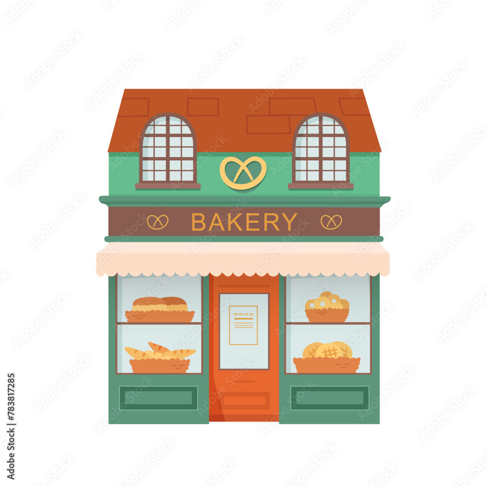 Bakery shop facade front view cartoon vector illustration. Storefront of pastry store on street. Bakeshop exterior with bread, buns, freshly baked pastry. Small business in city. Urban infrastructure Bakery shop facade front view cartoon vector illustration. Storefront of pastry store on street. Bakeshop exterior with bread, buns, freshly baked pastry. Small business in city. Urban infrastructure