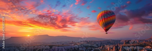 A rainbow-hued hot air balloon floats gracefully over the undulating terrain of Cappadocia Turkey casting a dreamy silhouette against a vibrant morning sky