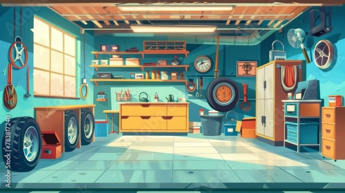 Auto repair shop interior. Cartoon illustration of a garage with car tires  tools  household equipment  oil cans  shelves  and boxes. A private building for a vehicle with furniture.