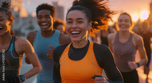 A smiling group of friends running outdoors in front of a city background, wearing athletic wear and black shoes in the golden hour lighting