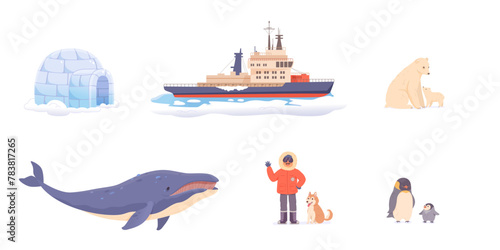 North pole arctic vector illustration. Cartoon antarctica set with penguin, polar bear, icebreaker, igloo, whale, scientist and dog. Polar science explorer collection