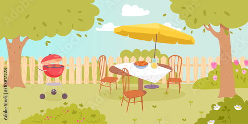 BBQ garden party on backyard in summer with grill, table, chairs, umbrella. Landscape of house patio with fence, lawn, green grass, trees, flowers. Picnic in nature. Holiday, vacation. Cartoon vector