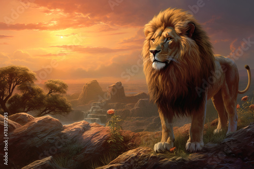 A strong and self-assured lion atop the mountain peak at sunset