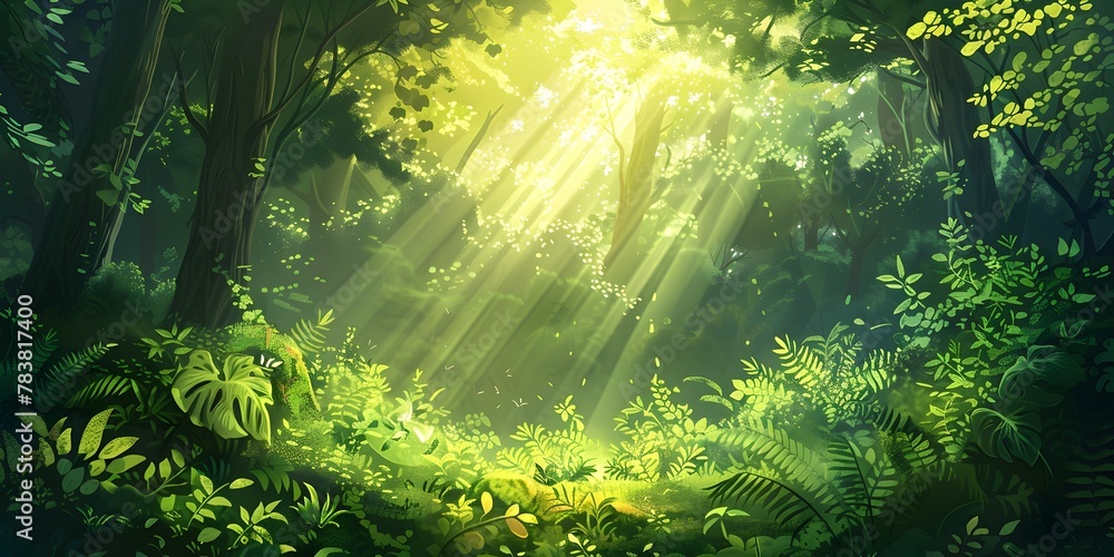 Fototapeta premium Lush Green Forest Bathed in Warm Sunlight Serene and Tranquil Woodland Landscape with Glowing Rays Filtering Through the Verdant Canopy