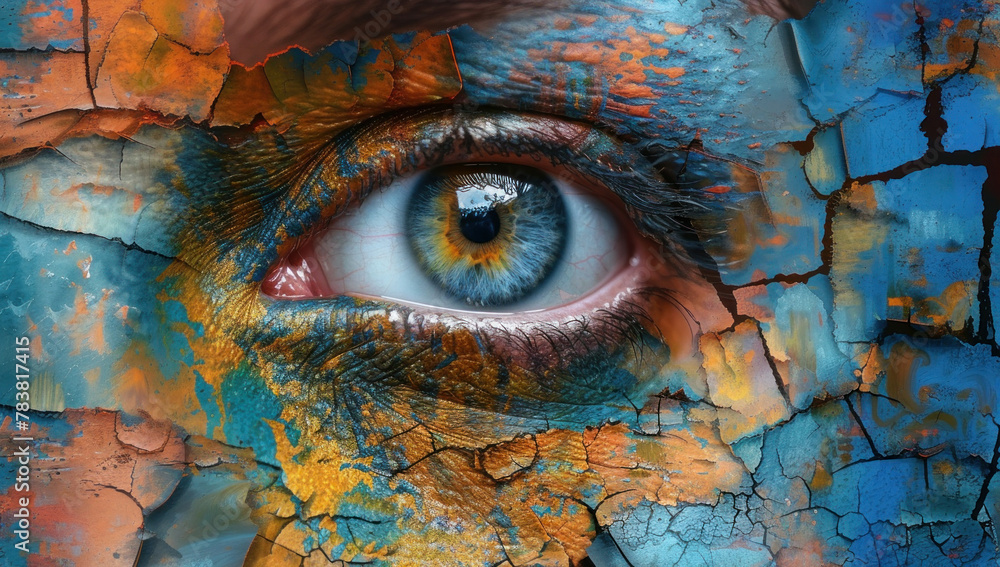 Closeup portrait of a woman's eye with a vibrant and colorful paint splatter, abstract and artistic concept of beauty and creativity