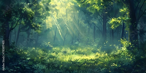 Lush Green Forest Bathed in Warm Sunlight and Ethereal Atmosphere