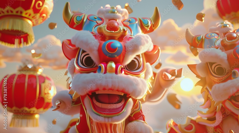 Chinese zodiac sign ox appears in this 3D parade banner featuring cute baby cows performing the lion dance. Translation: Happy Chinese New Year.