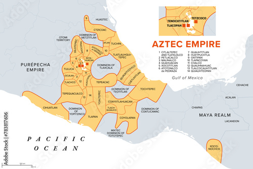 Aztec Empire with tributary provinces, maximum extent of Triple Alliance, history map. Tenochtitlan, Tetzcoco and Tlacopan at the time of Spanish conquest, 1519. With today state and country borders. photo