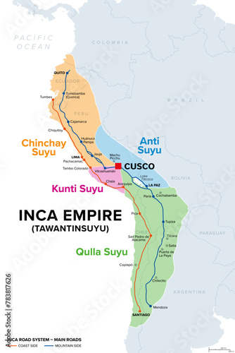 Inca Empire, map with Suyus, and main roads on coast and mountain side. The four regional quarters of Tawantinsuyu, named Chinchay, Anti, Kunti and Qulla Suyu, meeting at the center and capital Cusco.